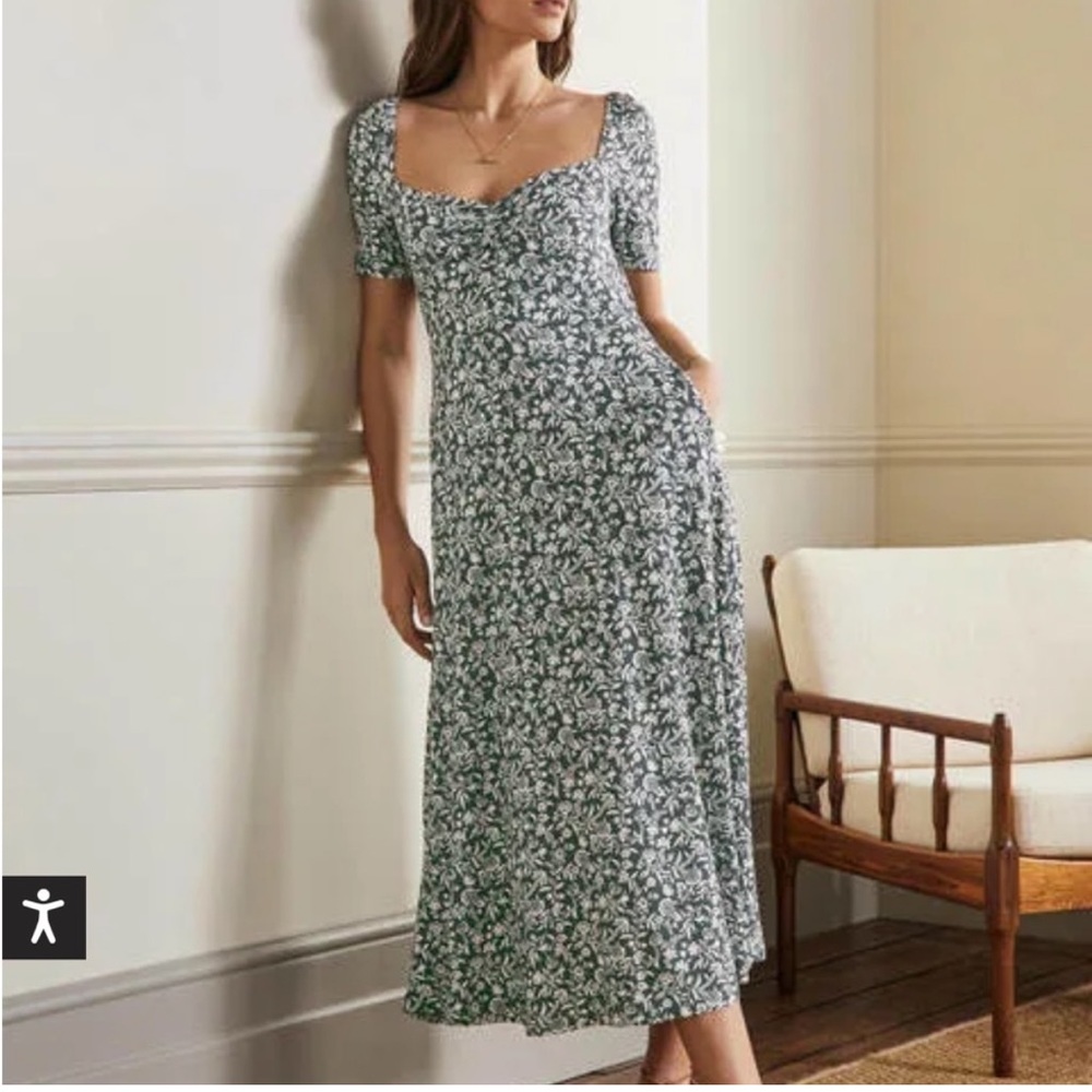 🌼 Boden Green and White Floral Midi Dress